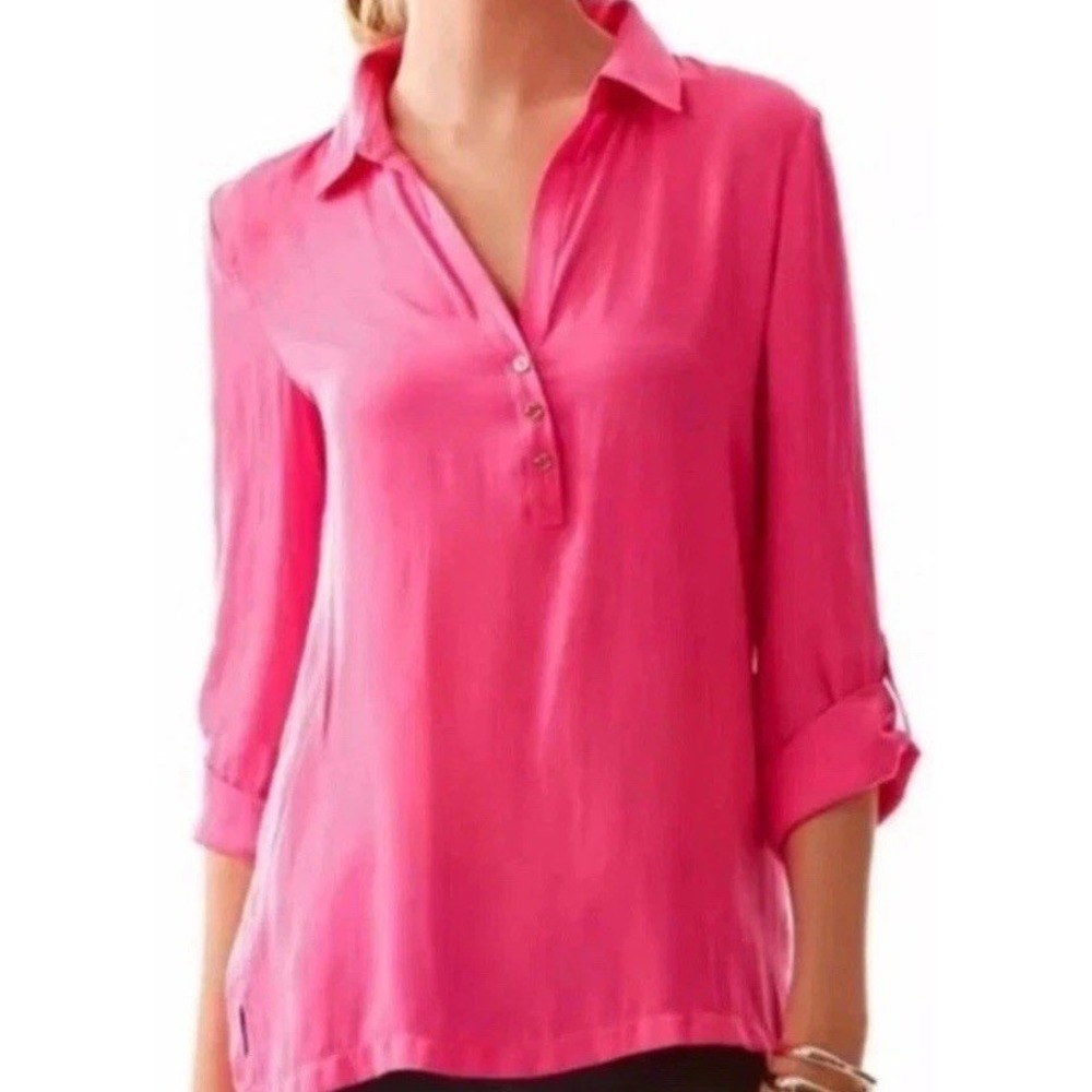 Lilly Pulitzer Everglades Tunic Long Roll Tab Sleeve Blouse Pink Size Large